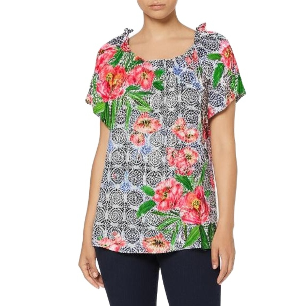 Talbots Blouse Top Multicolor‎ Floral Quatrefoil Bohemian Chic Petite Size Small